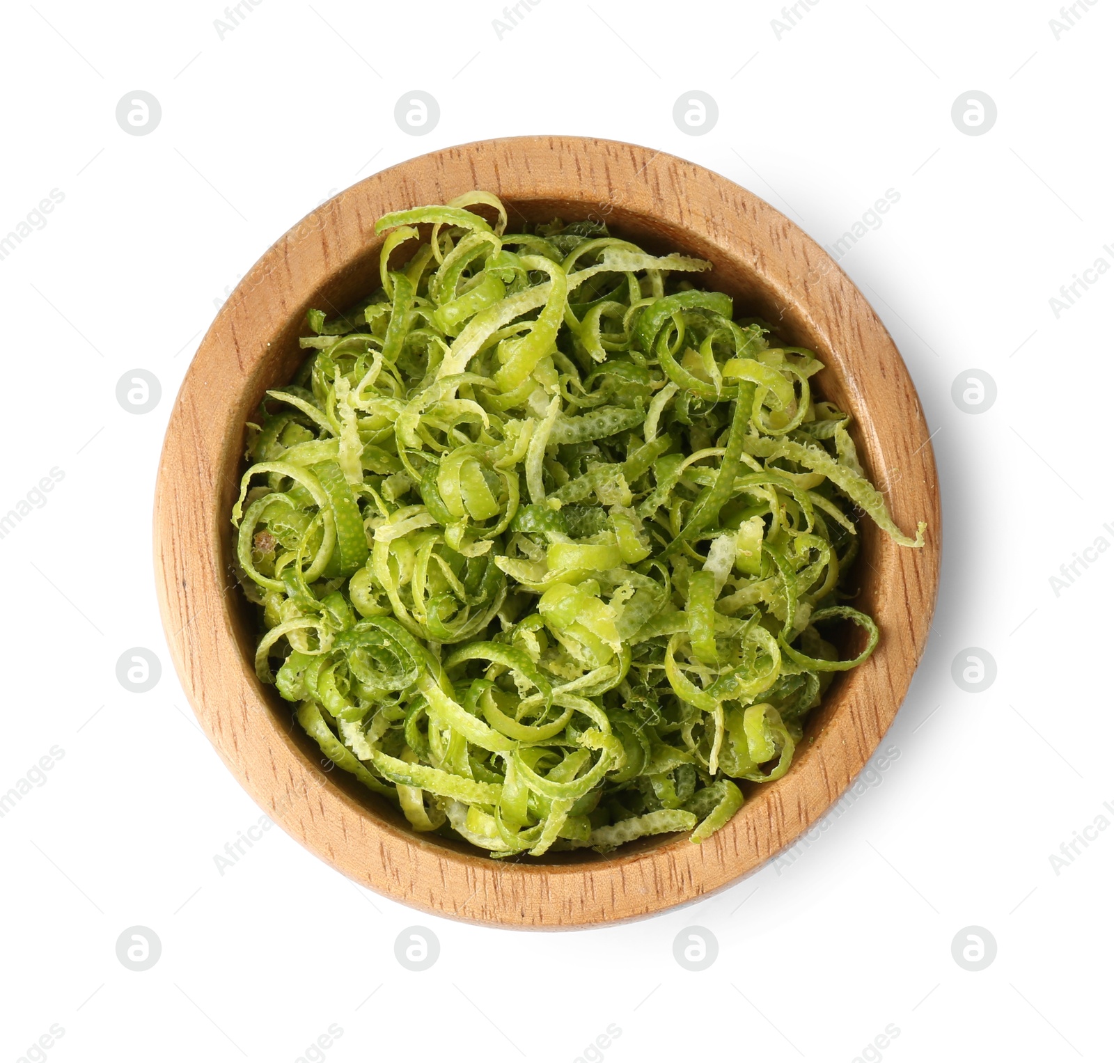 Photo of Fresh lime zest in bowl isolated on white, top view