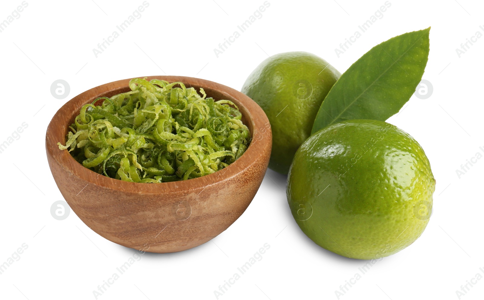 Photo of Lime zest and fresh fruits isolated on white