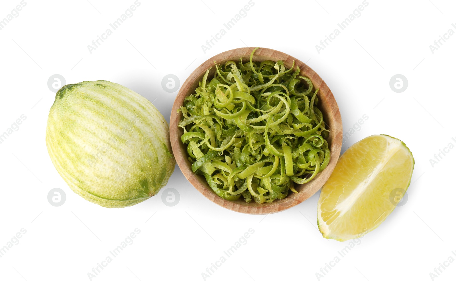 Photo of Lime zest and fresh fruits isolated on white, top view