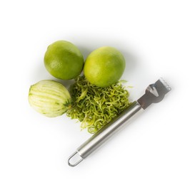 Photo of Lime zest, fresh fruits and zester tool isolated on white, top view