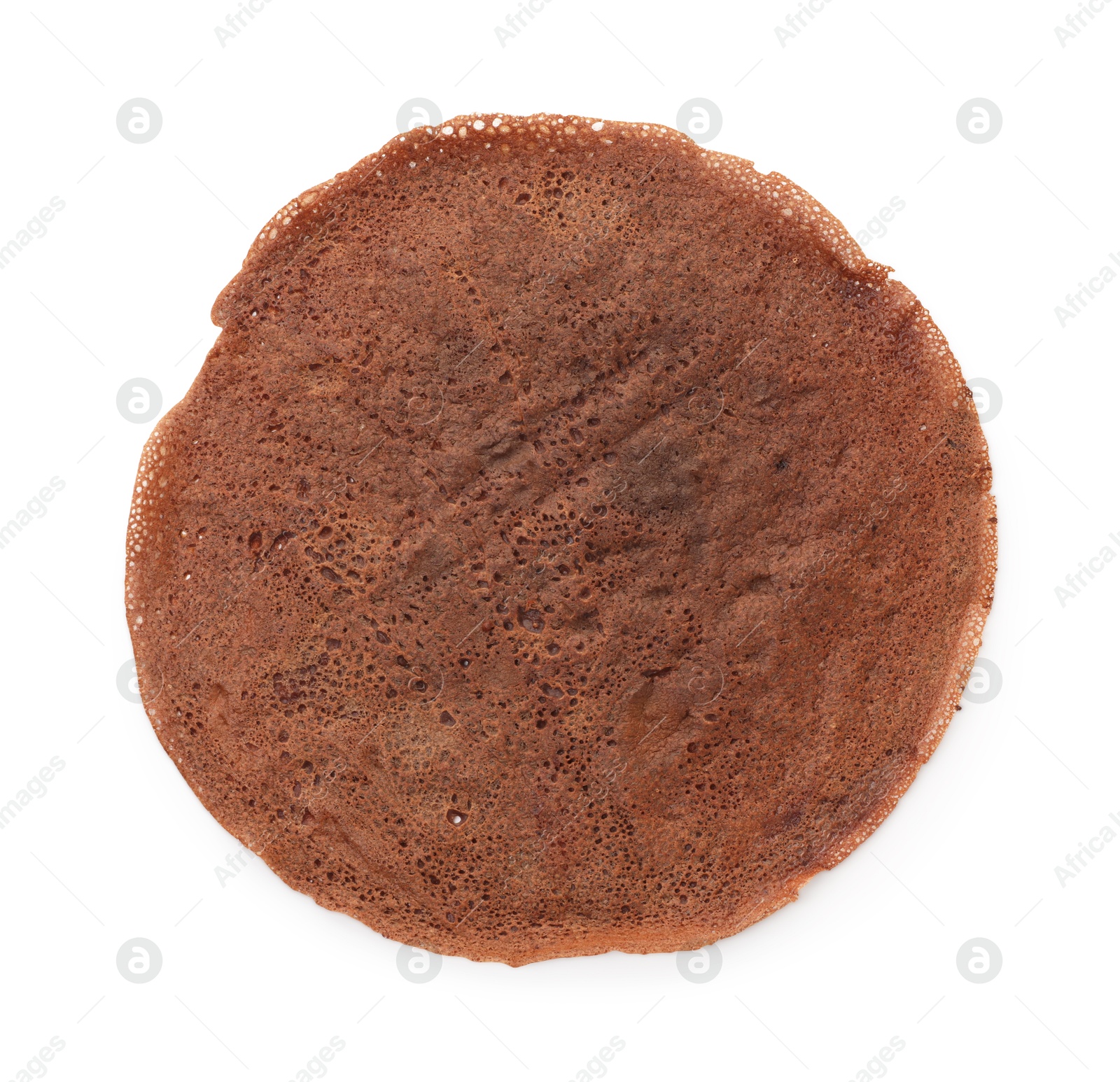 Photo of One delicious chocolate crepe isolated on white, top view