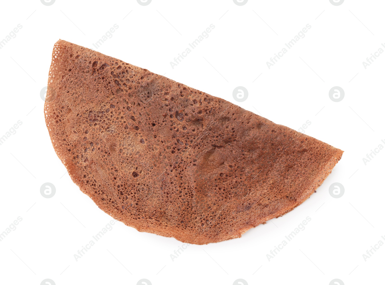 Photo of One delicious chocolate crepe isolated on white, top view