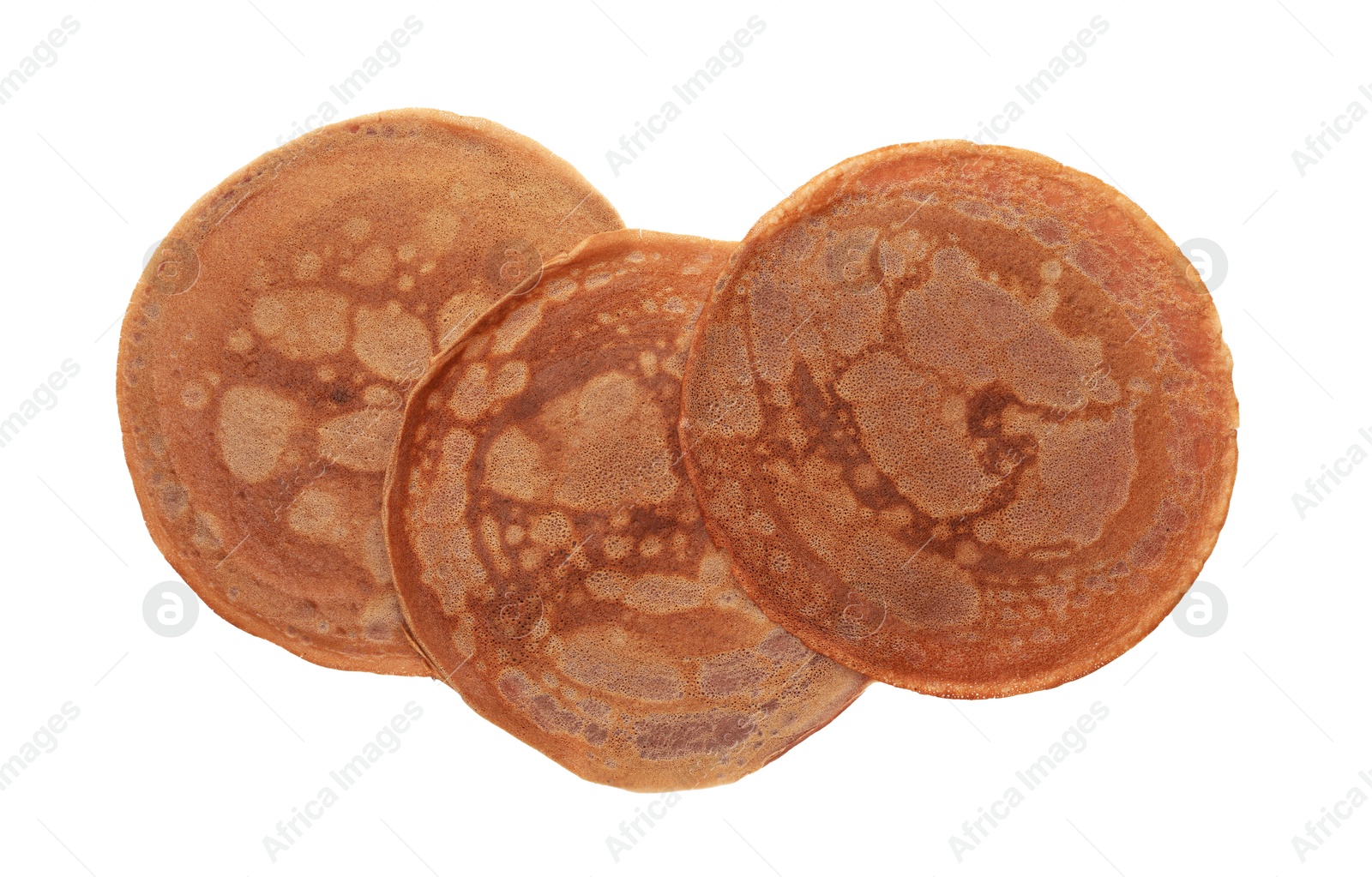 Photo of Delicious chocolate crepes isolated on white, top view