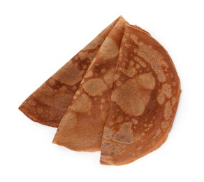 Photo of Delicious chocolate crepes isolated on white, top view