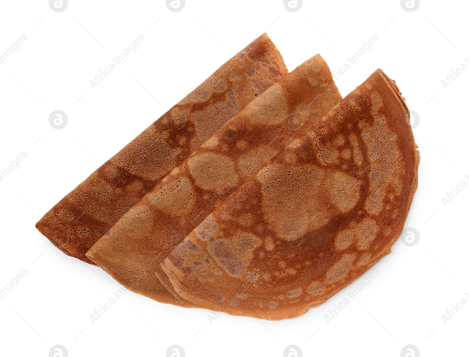 Photo of Delicious chocolate crepes isolated on white, top view