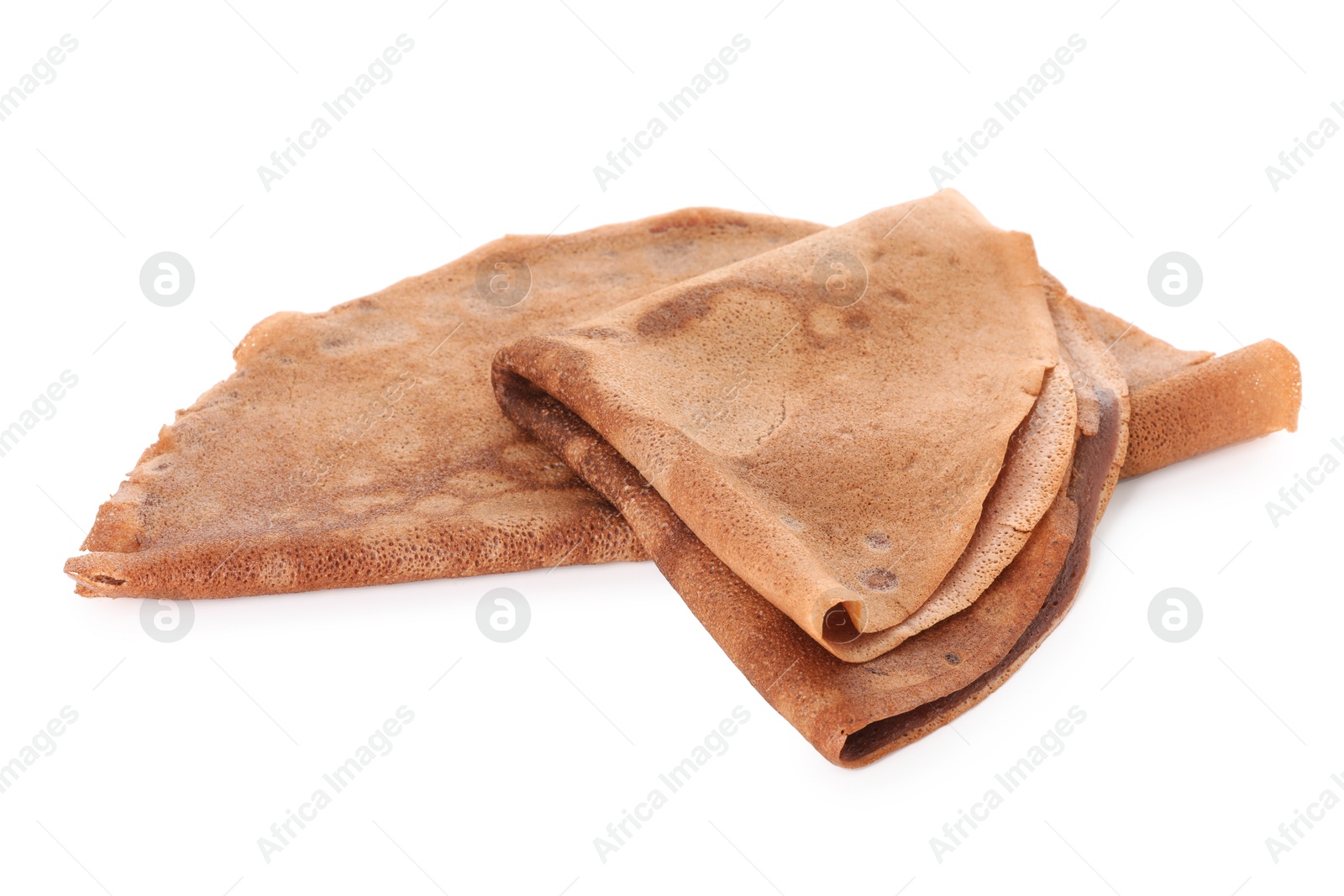 Photo of Folded delicious chocolate crepes isolated on white