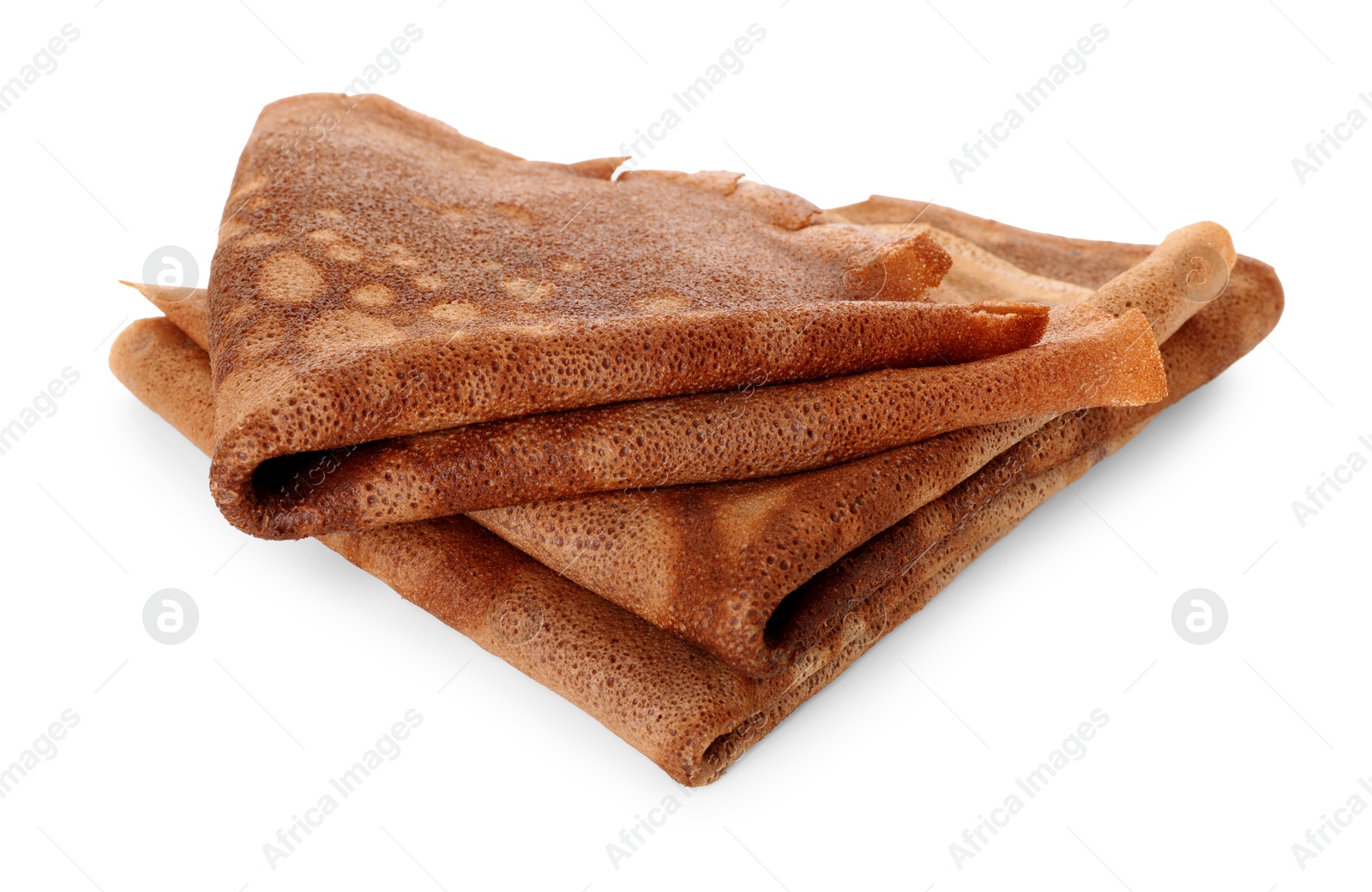 Photo of Folded delicious chocolate crepes isolated on white