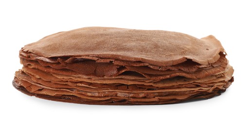 Photo of Stack of delicious chocolate crepes isolated on white