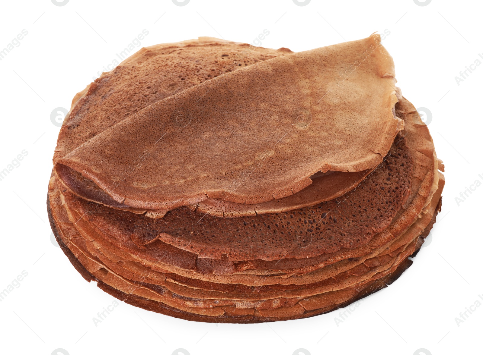 Photo of Stack of delicious chocolate crepes isolated on white