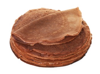 Photo of Stack of delicious chocolate crepes isolated on white