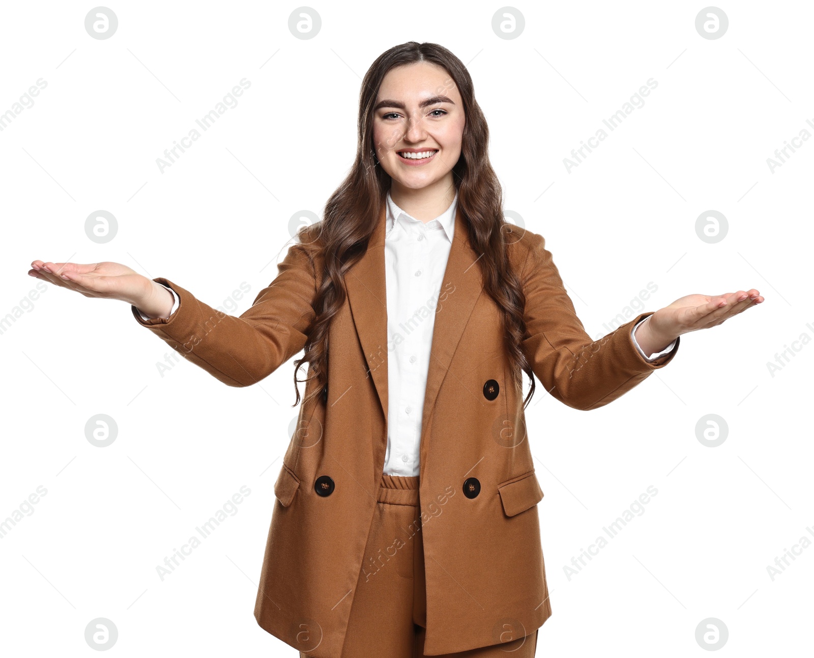 Photo of Happy businesswoman welcoming clients or partners on white background