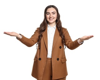 Photo of Happy businesswoman welcoming clients or partners on white background