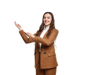 Photo of Happy businesswoman welcoming clients or partners on white background