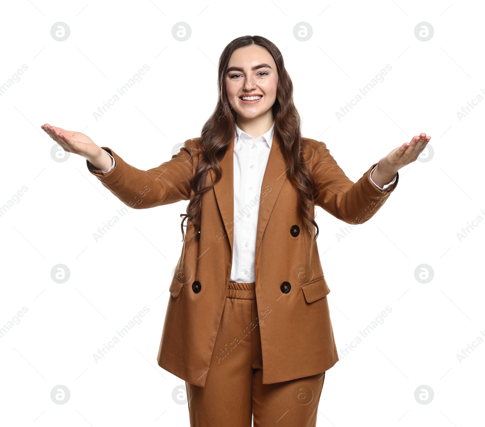 Photo of Happy businesswoman welcoming clients or partners on white background