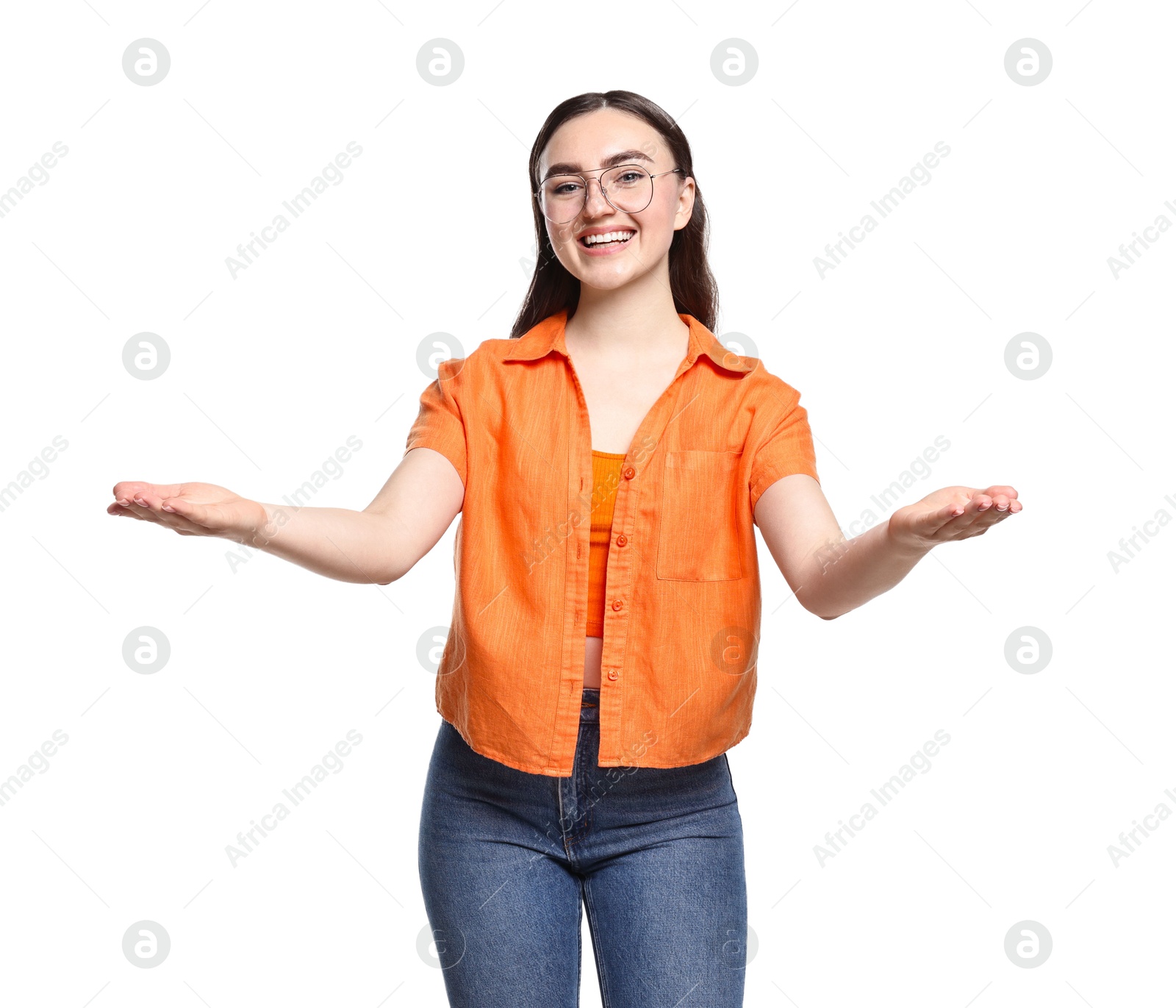 Photo of Happy woman welcoming friends or guests on white background