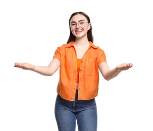 Photo of Happy woman welcoming friends or guests on white background