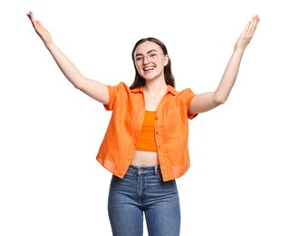 Photo of Happy woman welcoming friends or guests on white background