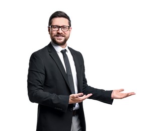 Photo of Happy businessman welcoming clients or partners on white background