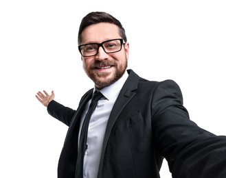 Photo of Happy businessman welcoming clients or partners on white background, view through front camera of gadget