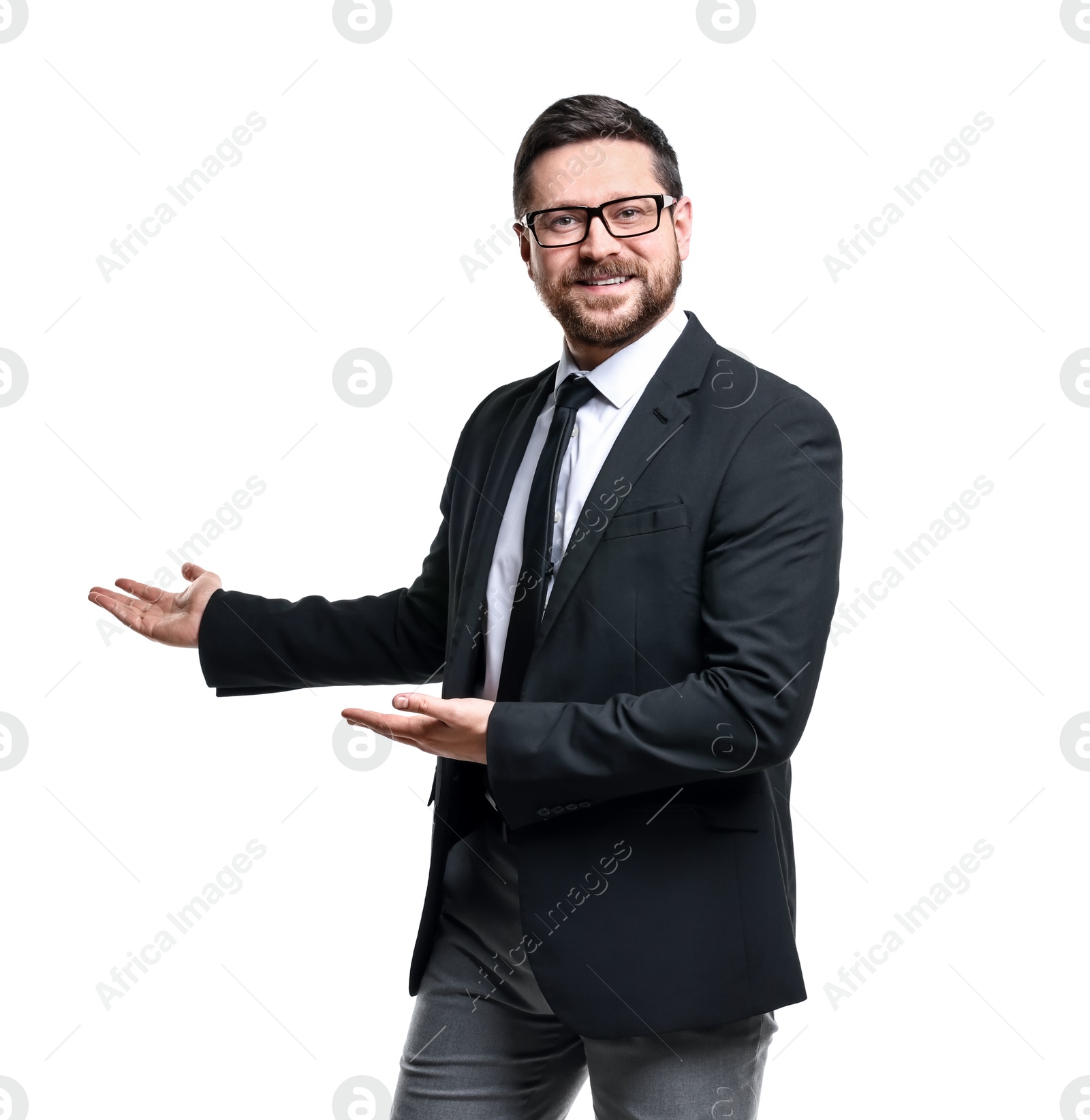 Photo of Happy businessman welcoming clients or partners on white background