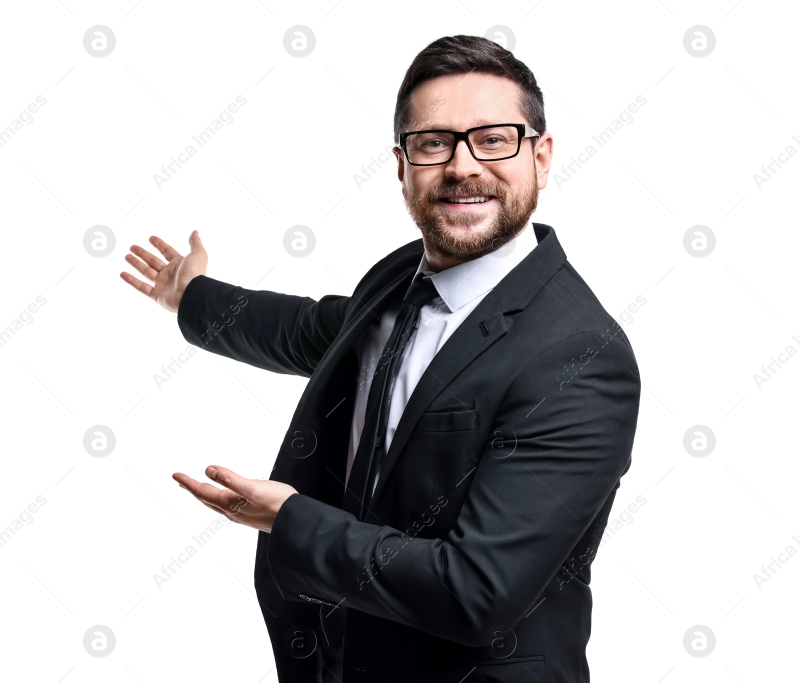 Photo of Happy businessman welcoming clients or partners on white background