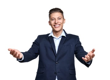 Photo of Happy businessman welcoming clients or partners on white background