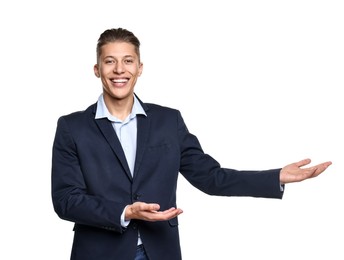 Happy businessman welcoming clients or partners on white background