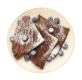 Photo of Delicious chocolate crepes with blueberries isolated on white, top view