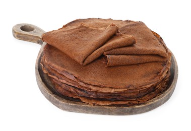 Photo of Stack of delicious chocolate crepes isolated on white