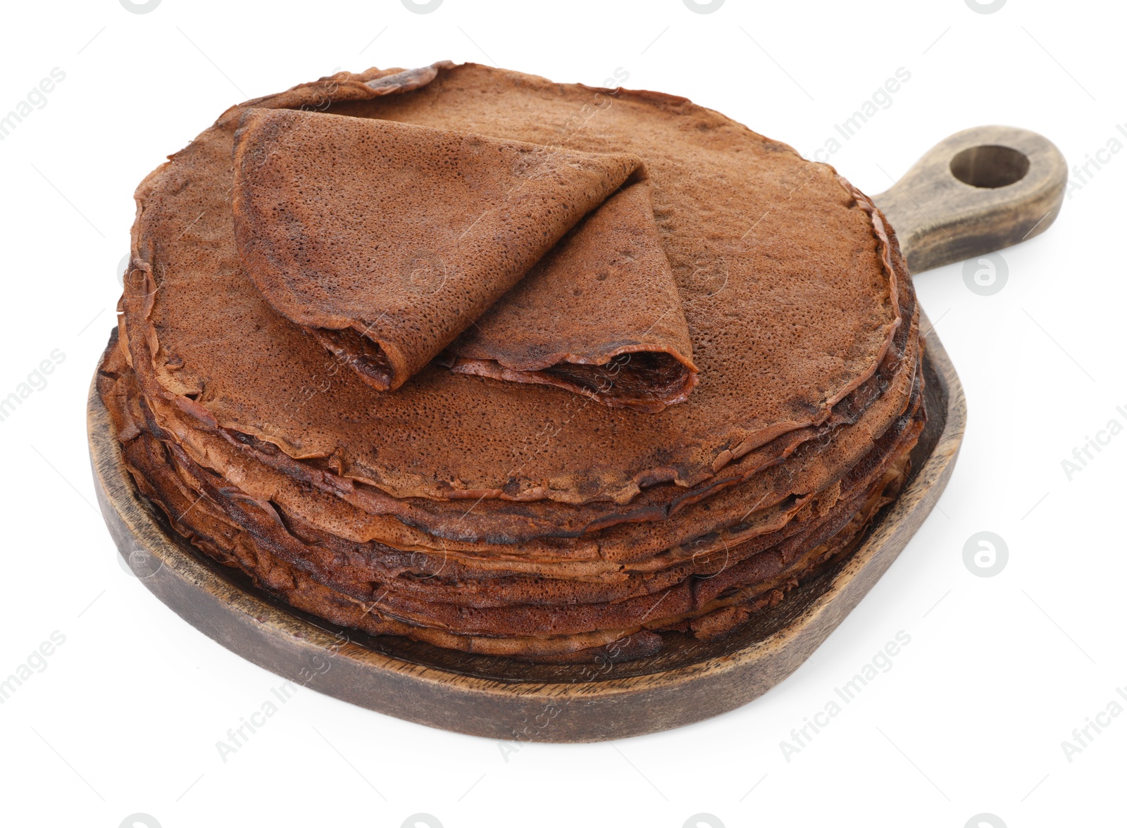 Photo of Stack of delicious chocolate crepes isolated on white