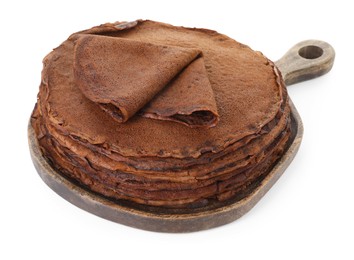 Photo of Stack of delicious chocolate crepes isolated on white