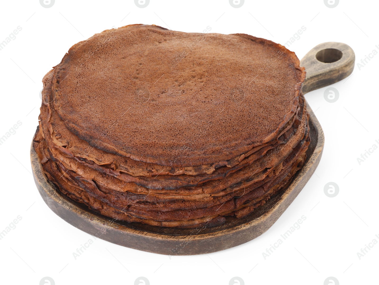 Photo of Stack of delicious chocolate crepes isolated on white