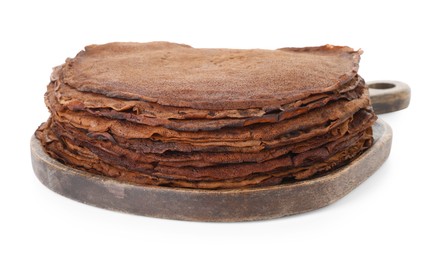 Photo of Stack of delicious chocolate crepes isolated on white