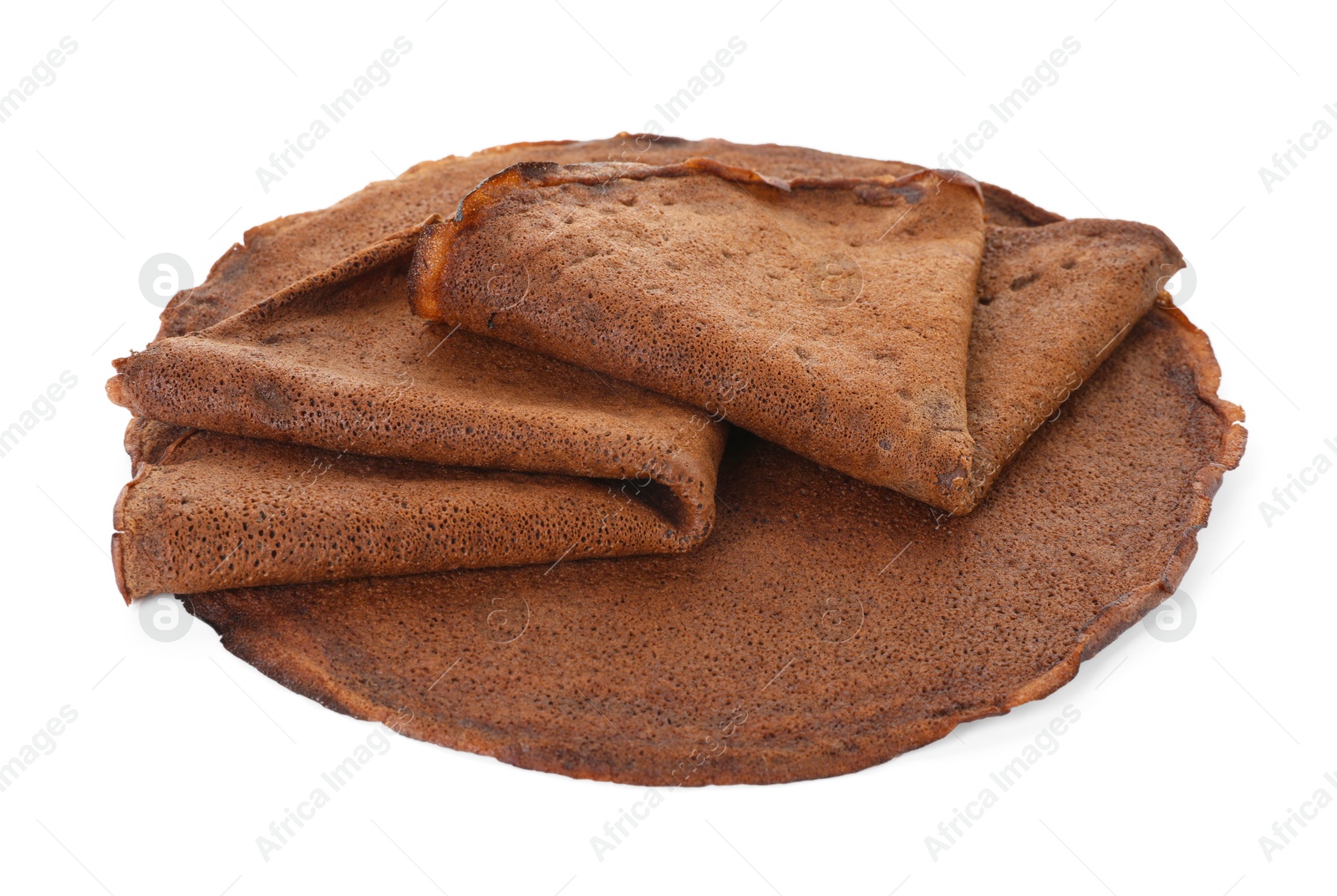 Photo of Three delicious chocolate crepes isolated on white