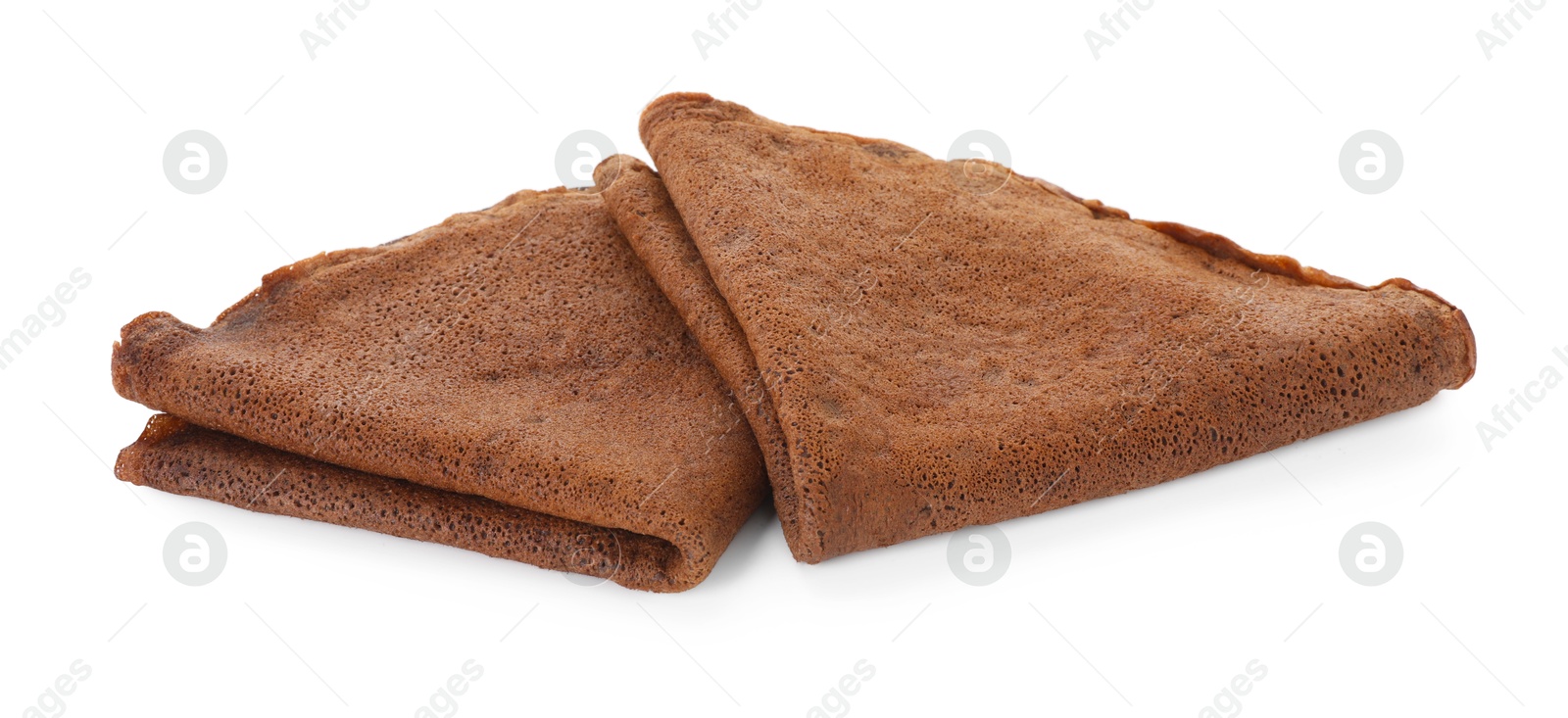 Photo of Folded delicious chocolate crepes isolated on white