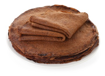 Photo of Stack of delicious chocolate crepes isolated on white