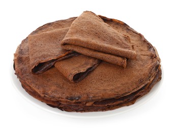 Photo of Stack of delicious chocolate crepes isolated on white