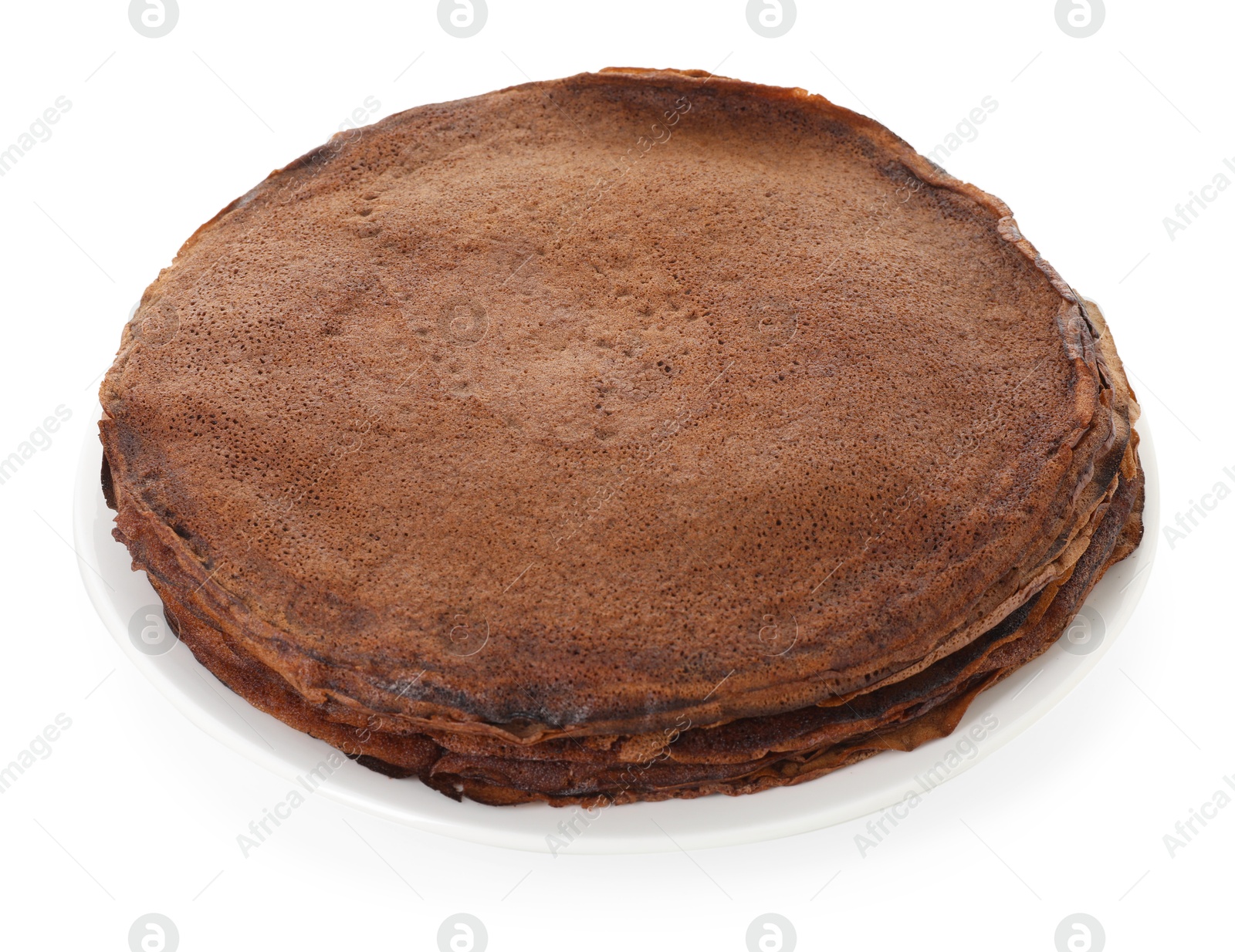 Photo of Stack of delicious chocolate crepes isolated on white