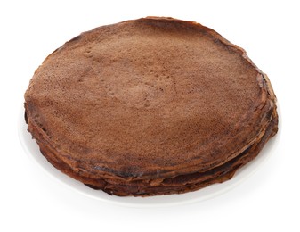 Photo of Stack of delicious chocolate crepes isolated on white