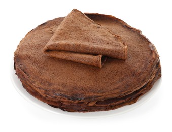 Photo of Stack of delicious chocolate crepes isolated on white