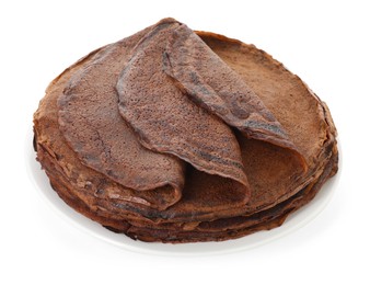 Photo of Stack of delicious chocolate crepes isolated on white