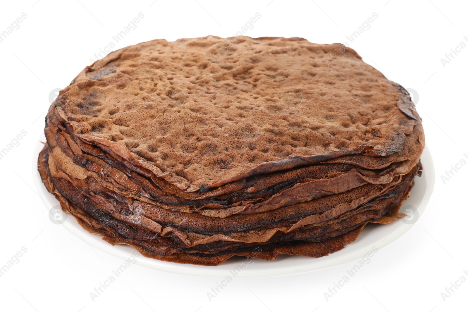 Photo of Stack of delicious chocolate crepes isolated on white