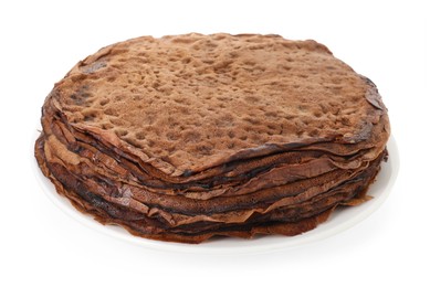 Photo of Stack of delicious chocolate crepes isolated on white