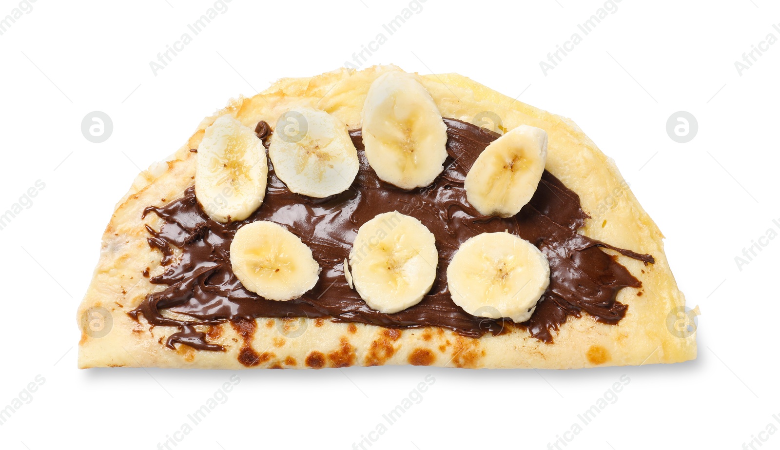 Photo of Delicious crepe with chocolate sauce and banana isolated on white, top view