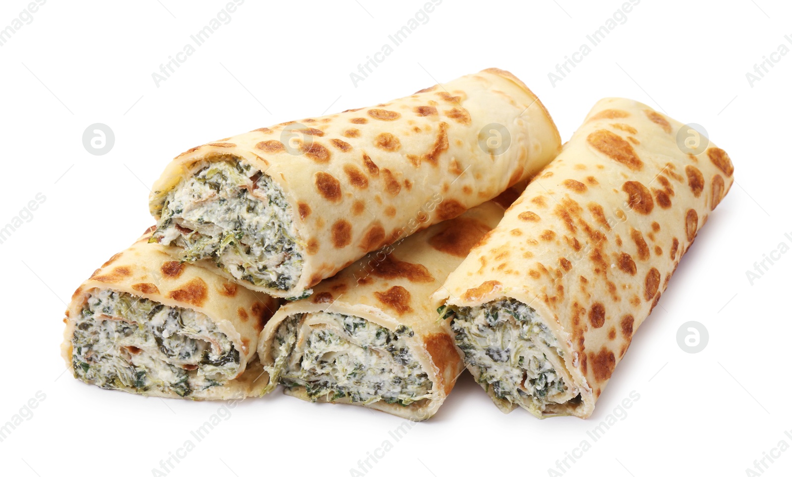 Photo of Tasty rolled crepes with cottage cheese and spinach isolated on white