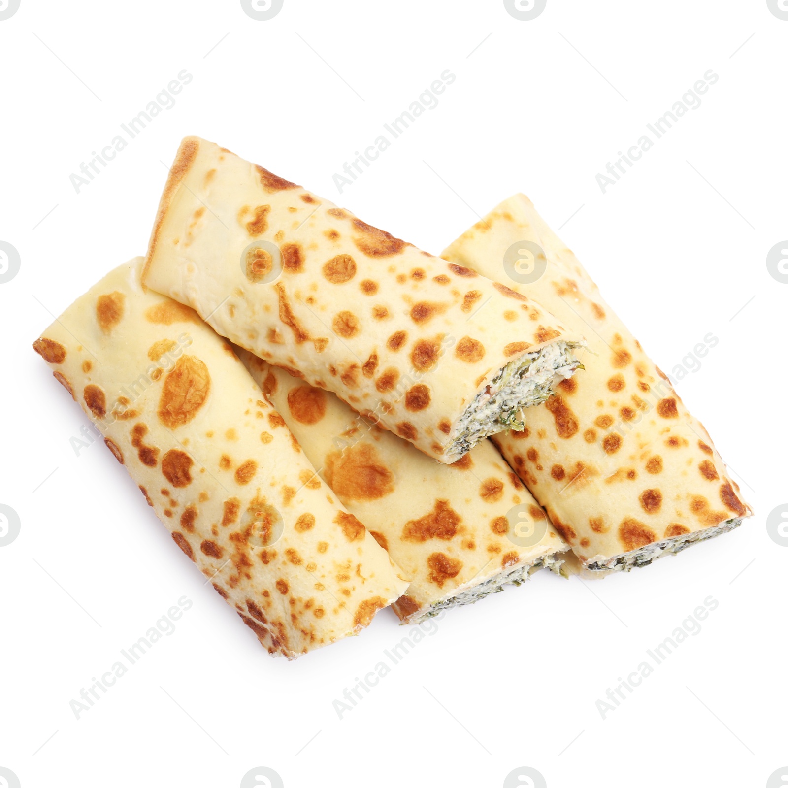 Photo of Tasty rolled crepes with cottage cheese and spinach isolated on white, top view