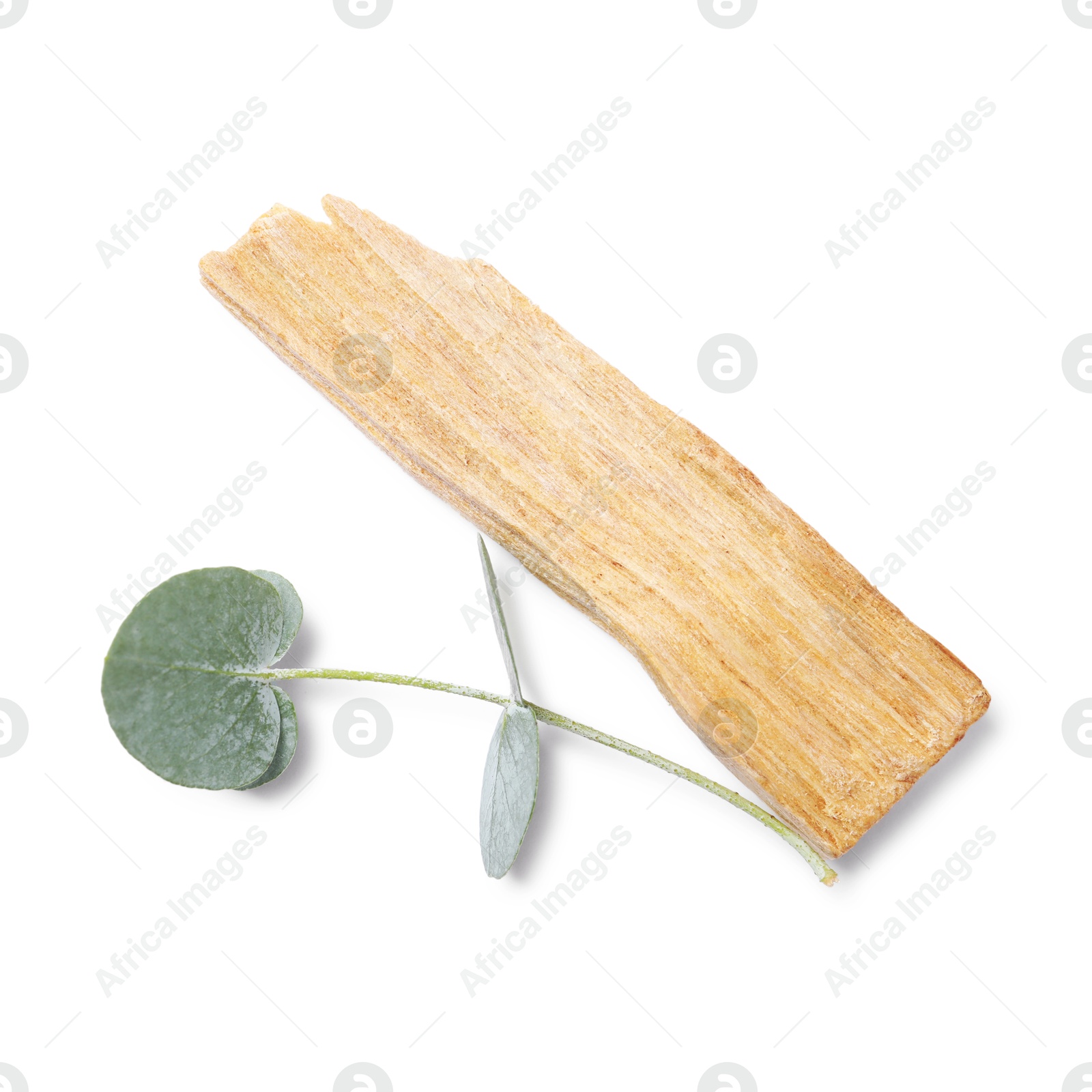 Photo of Palo santo stick and eucalyptus branch isolated on white, top view