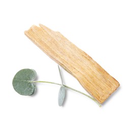 Photo of Palo santo stick and eucalyptus branch isolated on white, top view