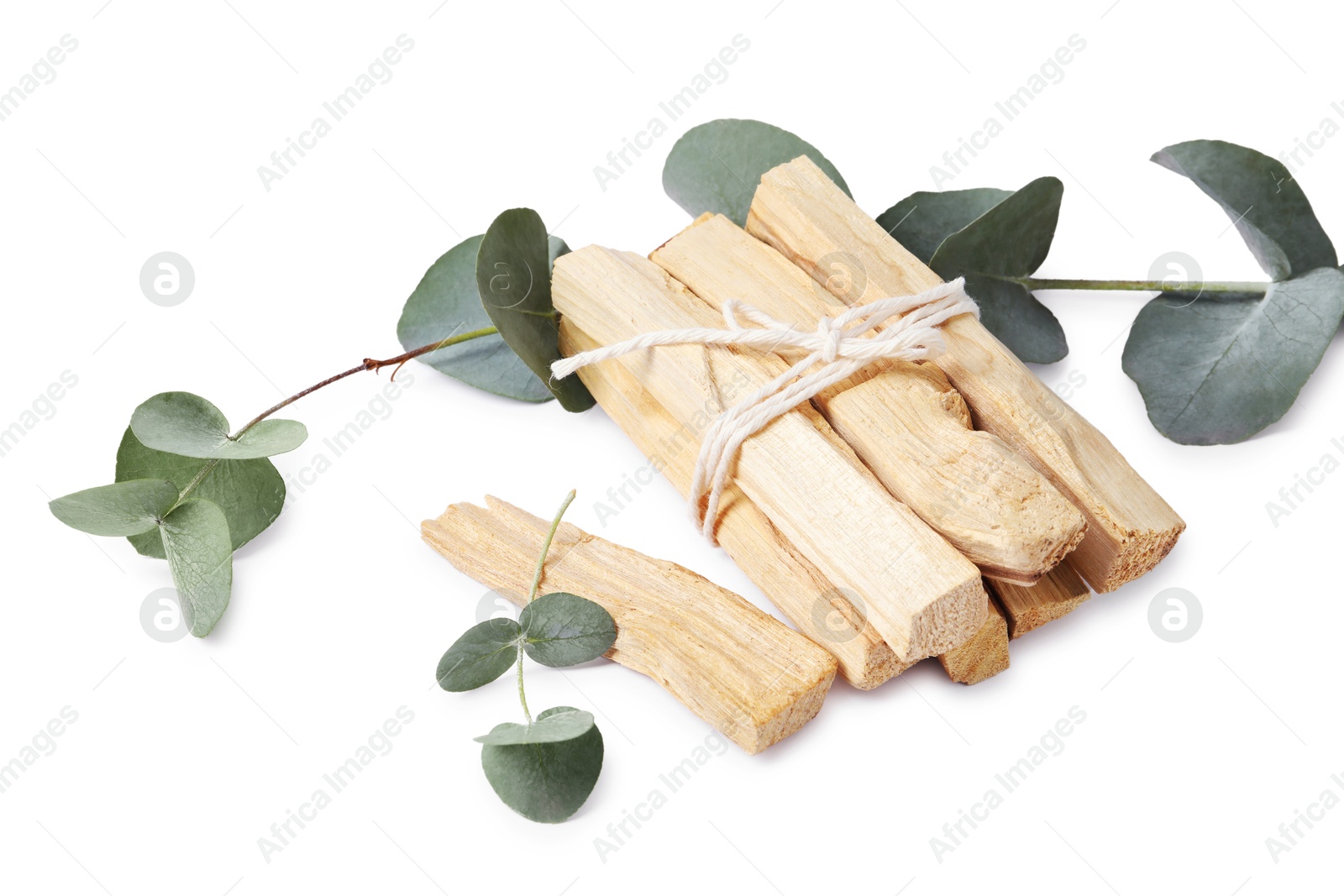 Photo of Palo santo sticks and eucalyptus branches isolated on white