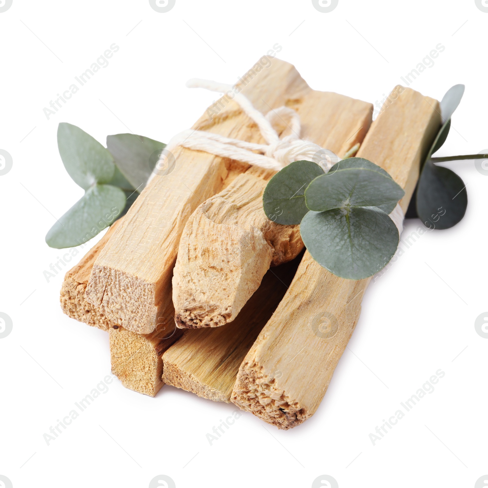 Photo of Palo santo sticks and eucalyptus branches isolated on white